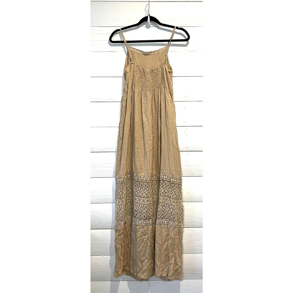 BOHO ME BEIGE MAXI DRESS WITH LACE INSET, SMALL EUC - Picture 2 of 2